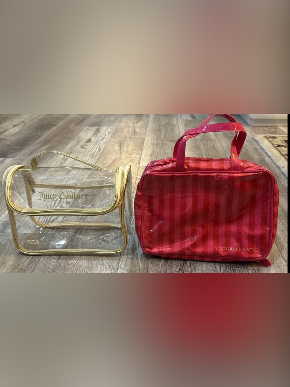 Juicy Couture clear vinyl bag & Y2K Victoria’s Secret Pink Stripe Travelw2Hanger